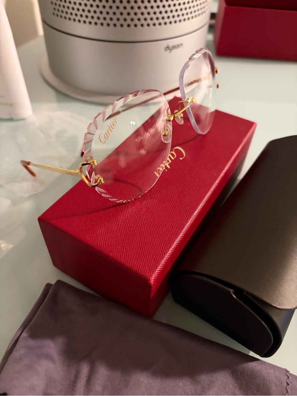 Cartier Rimless Pink-Tinted Crystal Lenses with Gold Hardware Women’s Glasses